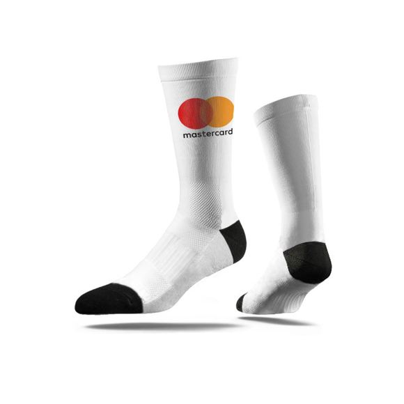 One Press Socks in white with black heel and to and 3 colour print logo on side of leg
