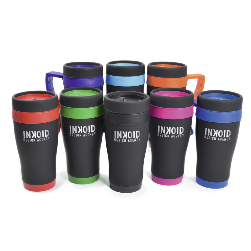 black oregon travel tumbler with coloured trim and handle