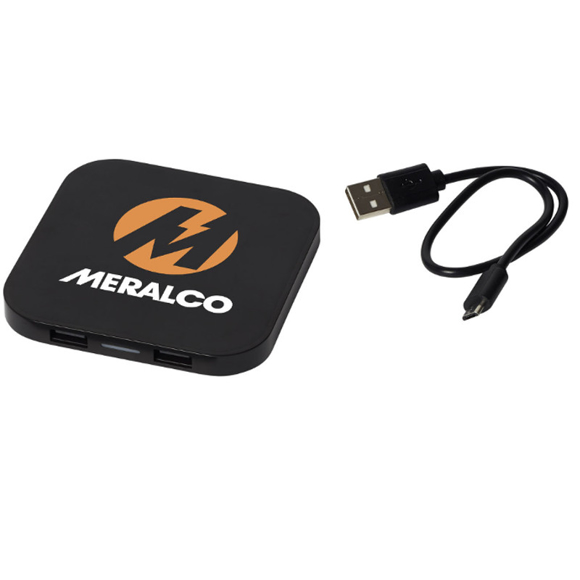 Square wireless charging pad in black with a company logo printed on the top