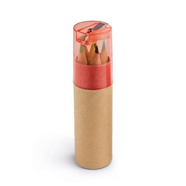 cardboard tube with 6 coloured pencils and red sharpener top