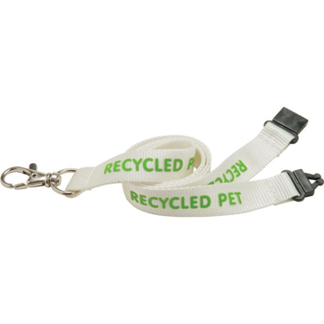 a white 15mm lanyard with eco branding, black safety break and silver metal trigger clip