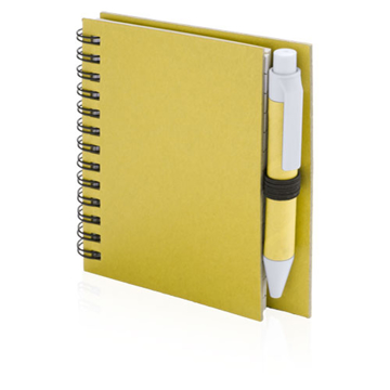 Pilaf Recycled Notebook in yellow with colour match pen and black elastic pen loop and wiro binding