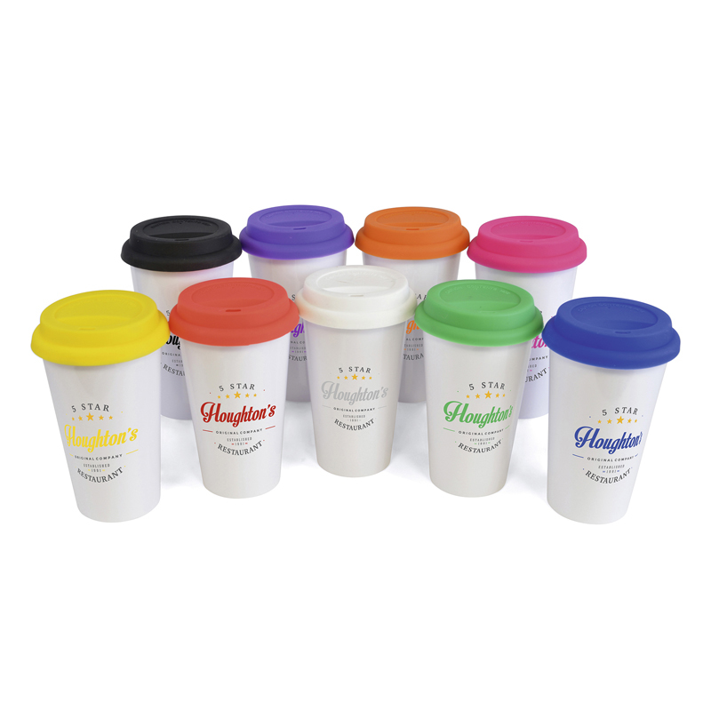 white plastic travel mug with coloured lid and branding