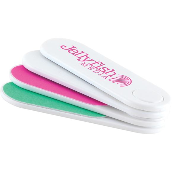 Pocket Sized Nail File Set with 2 files and buffers in green, pink and white with 1 colour print logo