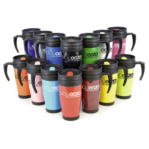 Travel mug with handle in a range of colours