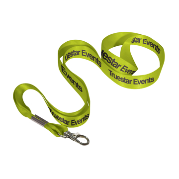 green satin ribbon lanyard with silver trigger clip and black branding to the lanyard