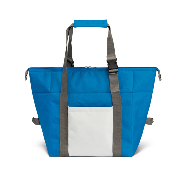 Blue shopper style cooler bag with grey handle trim and white panel on the front