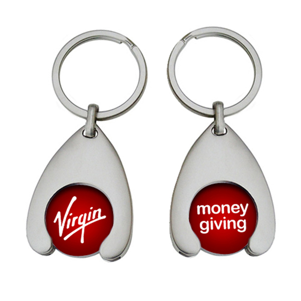 a wish bone shaped keyring with a red branded trolley coin to the centre of the wishbone, a view of the front and back of the trolley coin