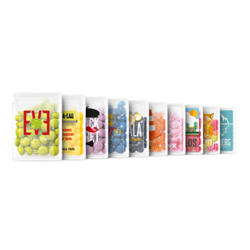Rainbows sweets in pocket sized containers branded with a printed sticker