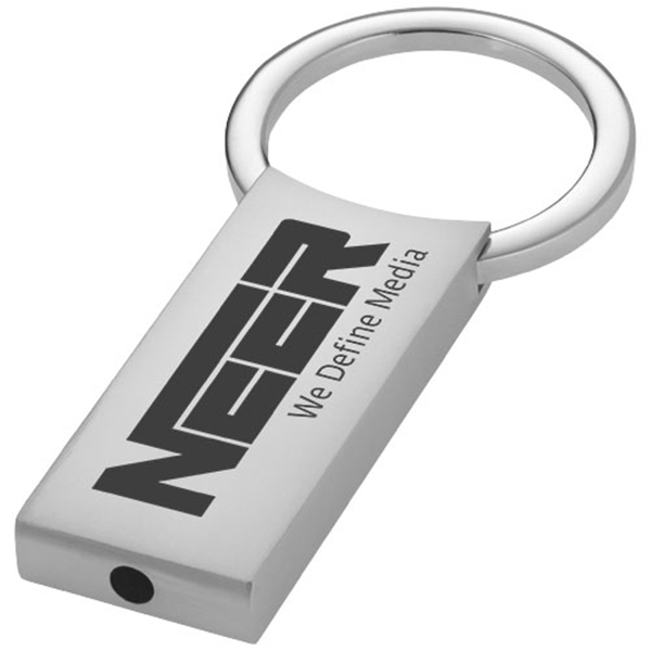 silver rectangular key chain with a 1 colour branding to the front