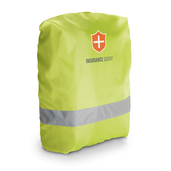reflective yellow bag cover with 2 colour branding to the front