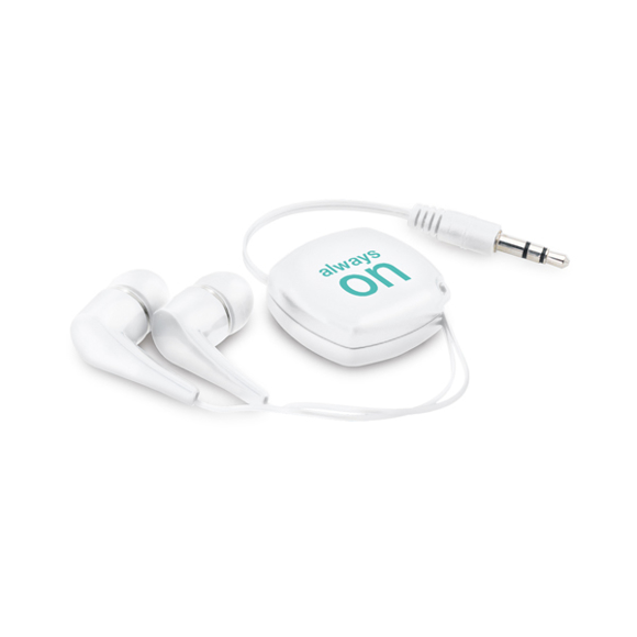 white retractable ear phones with company logo printed on the case