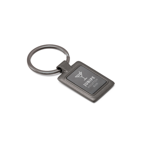 metal keyring in a dark grey colour with a rectangular branded plaque to the front