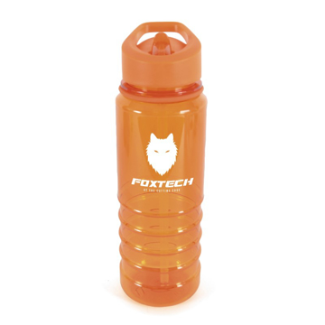 Transparent orange bottle with white corporate logo