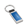 metal slab keyring with a blue branded centre