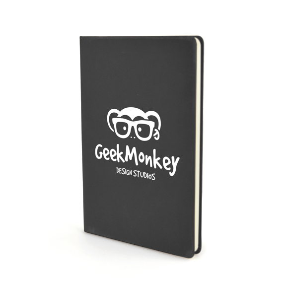 A5 slimline PU notebook in black with 1 colour white print logo
