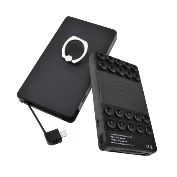 Black wireless power bank, with suction pads and silver ring loop