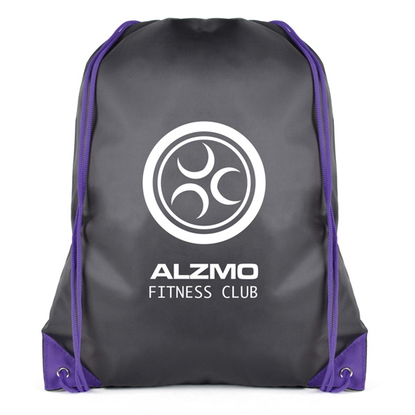 Spencer Drawstring Bag in black with purple corners and string with 1 colour logo