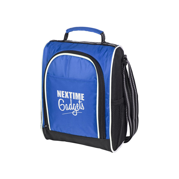 Blue cooler bag with white and black side panels and trim