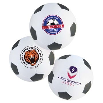 Stress toys in the shape and style of a black and white panelled football, printed with a company logo