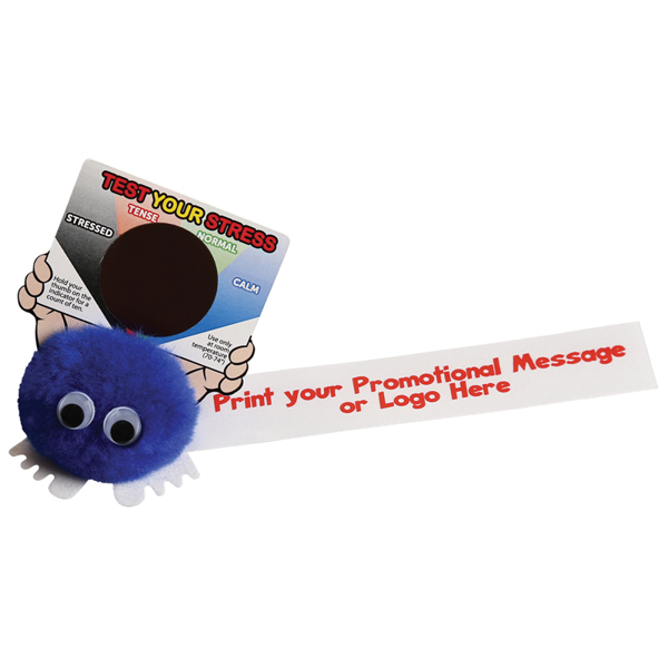 Blue fluffy logobug with printed advertising ribbon, and a stress gauge card
