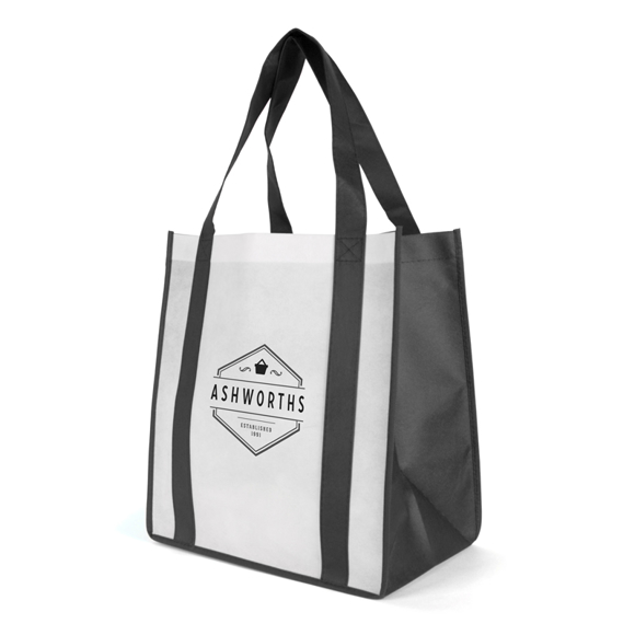 Promotional large black and white bag with handles and print to the front