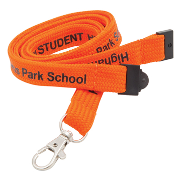 orange 10mm tubular lanyard with 1 colour branding, black safety break and silver trigger clip