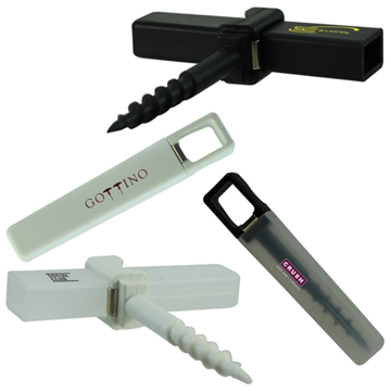a selection of bottlecorkscrew bottle openers in white or black, each with corporate branding to the side