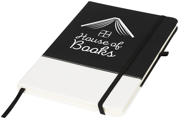 A5 two tone notebook in black and white with stitching detail and black ribbon, elastic closure strap and pen loop with 1 colour white print logo