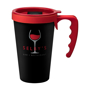 Promotional reusable on-the-go coffee mug in black with red handle