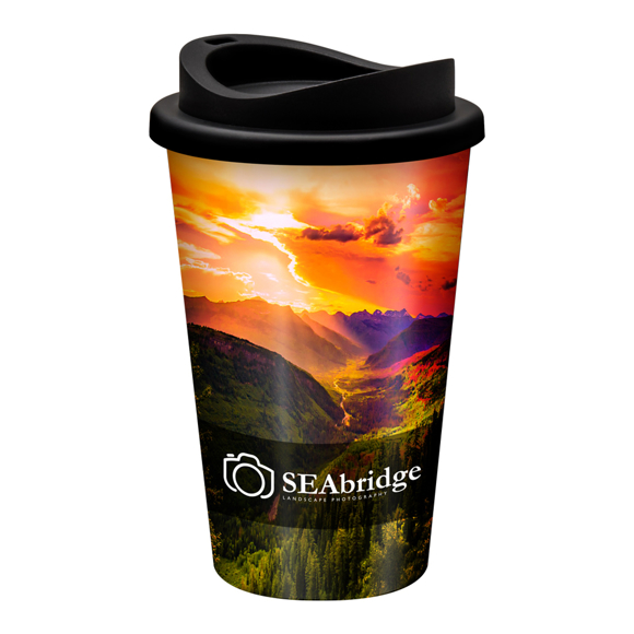 Travel mug tumbler with black lid and full colour wrap print