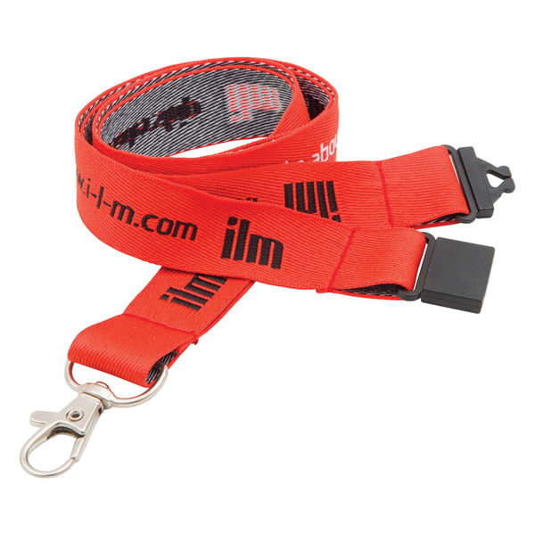 a red woven lanyard with a safety break and silver metal trigger clip