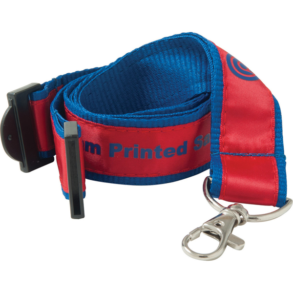 red and blue lanyard with silver clip