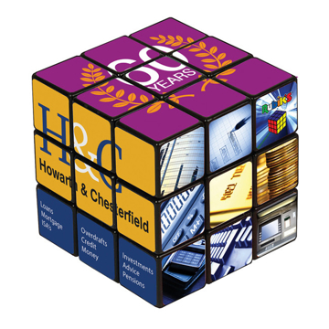 full colour branded 3 x 3 rubiks cube with a different design to each side