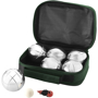 6 Ball Jeu De Boules Set in green with 6 metal balls, 3x2 metal pétanque balls, a wooden jack and measurer in storage pouch