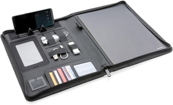 open view of the a4 wireless charging folder with displayed examples of tech