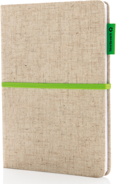A5 Cotton Notebook in natural with green ribbon, elastic closure strap and label