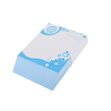 a wedgefront unlined notepad with blue artwork design to the front