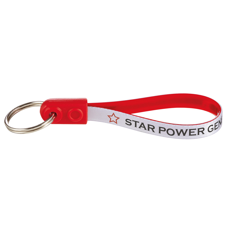 a red ad loop keyring with a two colour branding to the loop