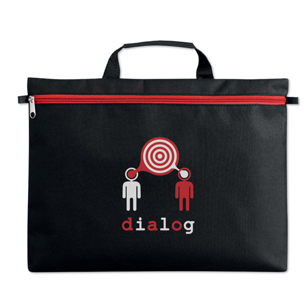Black document bag with carry handle and red zip printed with a company logo on the front