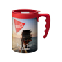 Large travel mug with red lid and handle and full colour wrap print