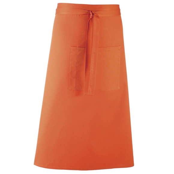 Long continental style Bar Apron in orange with single pocket, combined pen pocket and tie waist