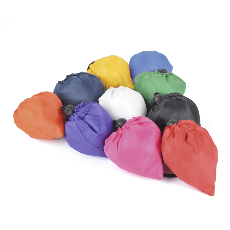 Reusable shopper bags rolled up in pouches, in a range of colours