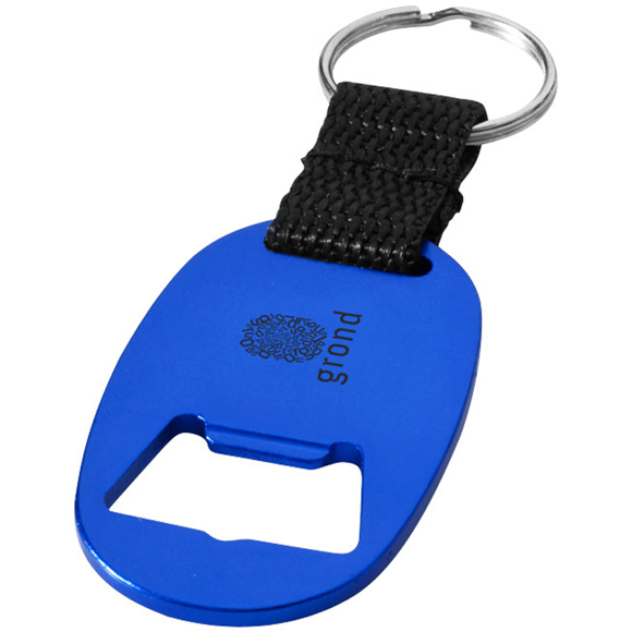 flat blue keyring with one colour branding and a bottle opener to one side