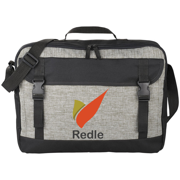 Light grey and black satchel style messenger bag printed with a logo on the front panel