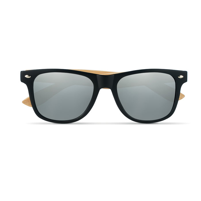 bamboo armed sunglasses with mirrored lenses