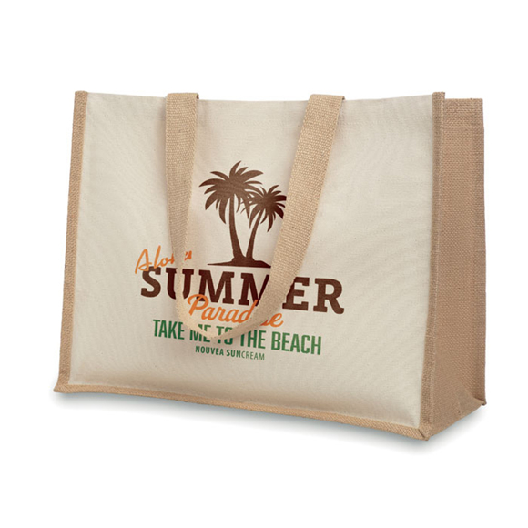 Natural landscape bag with long handles and cream front panels for branding