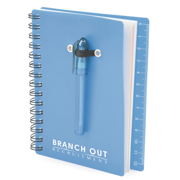 Spiral bound flexible blue plastic covered notebook with matching ball pen with back cover ruler