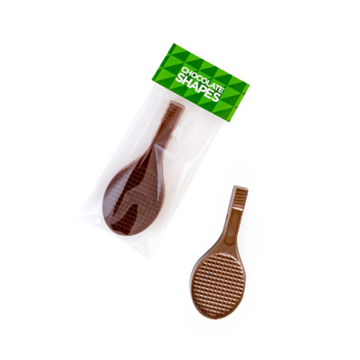Mini chocolate tennis racket in a clear bag with headed card