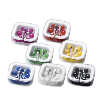 Promotional ear phones in a range of colours in square storage boxes printed with a company logo